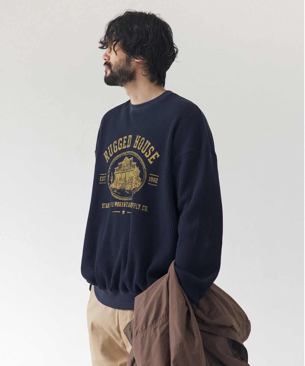러기드하우스(RUGGED HOUSE) 루티드 워크웨어 와플 맨투맨 네이비