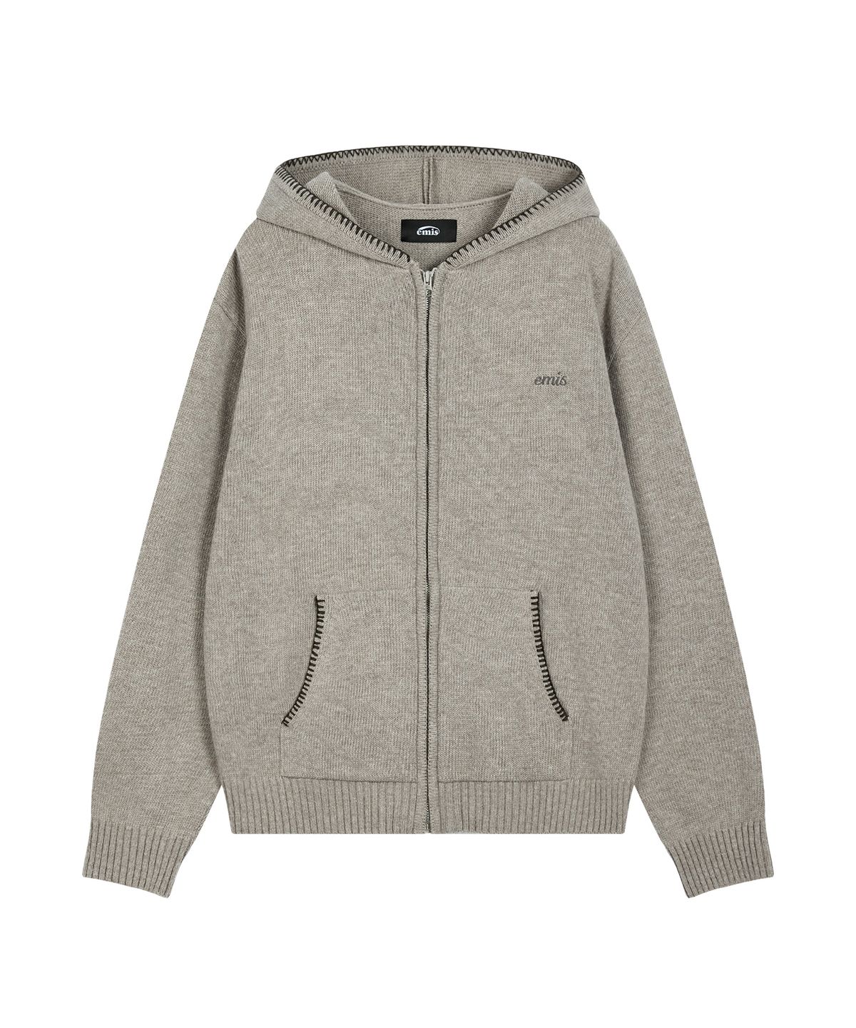 이미스(EMIS) BLANKET STITCH KNIT HOOD ZIP-UP-LIGHT GRAY