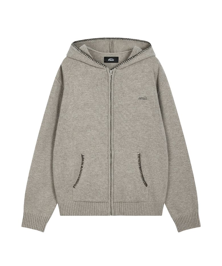 BLANKET STITCH KNIT HOOD ZIP-UP-LIGHT GRAY