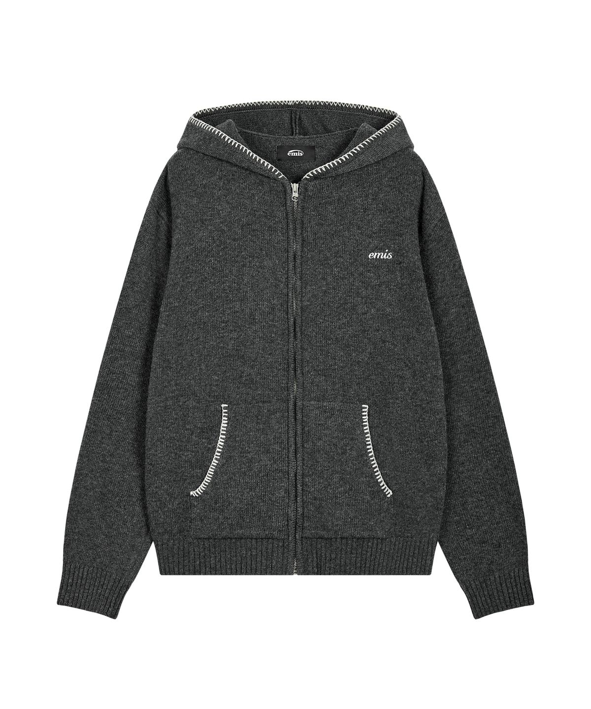 이미스(EMIS) BLANKET STITCH KNIT HOOD ZIP-UP-CHARCOAL