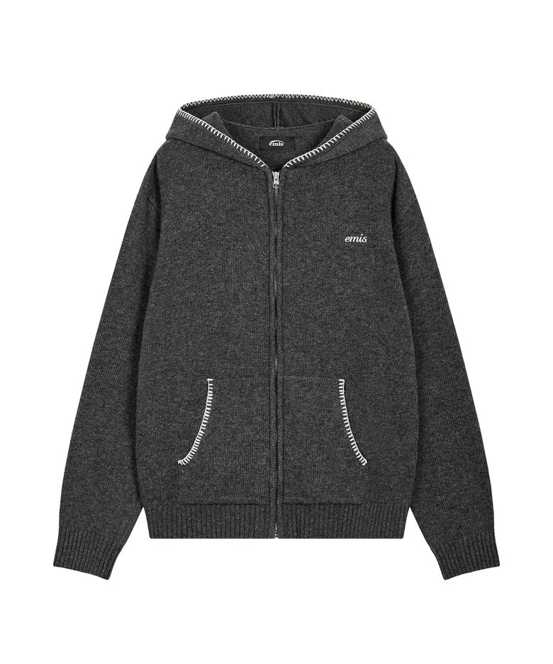 BLANKET STITCH KNIT HOOD ZIP-UP-CHARCOAL
