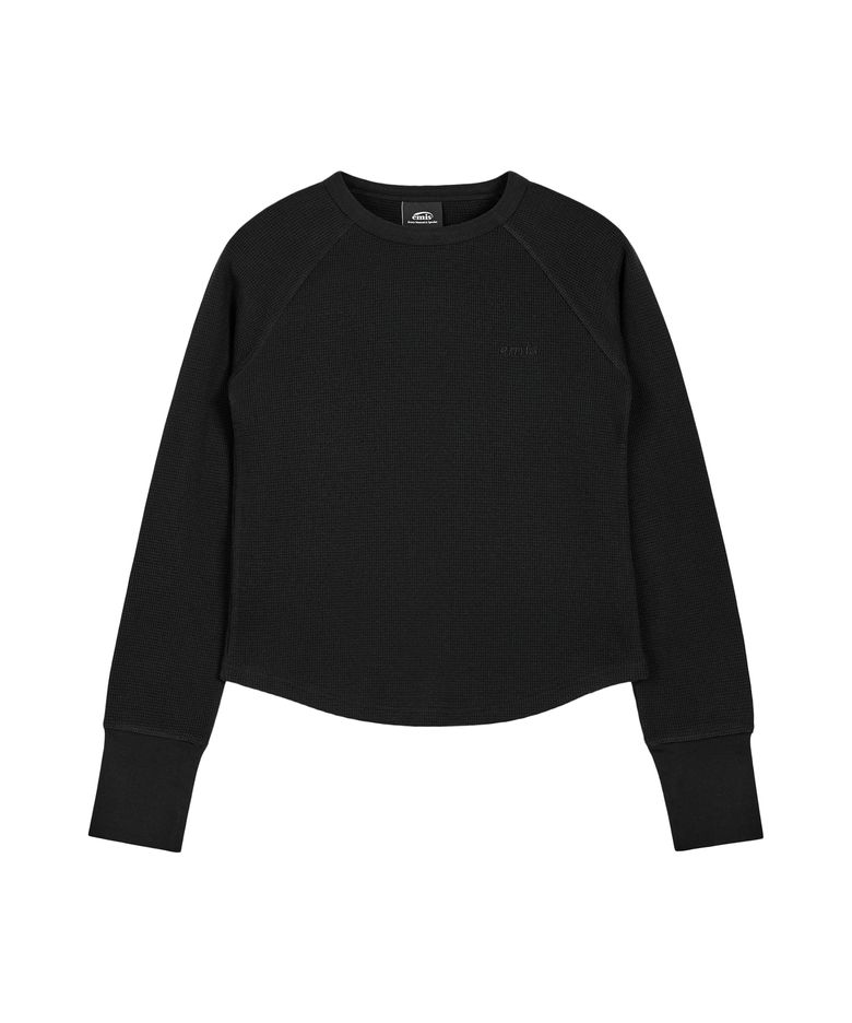 (W) WAFFLE RAGLAN LS T-SHIRT-BLACK