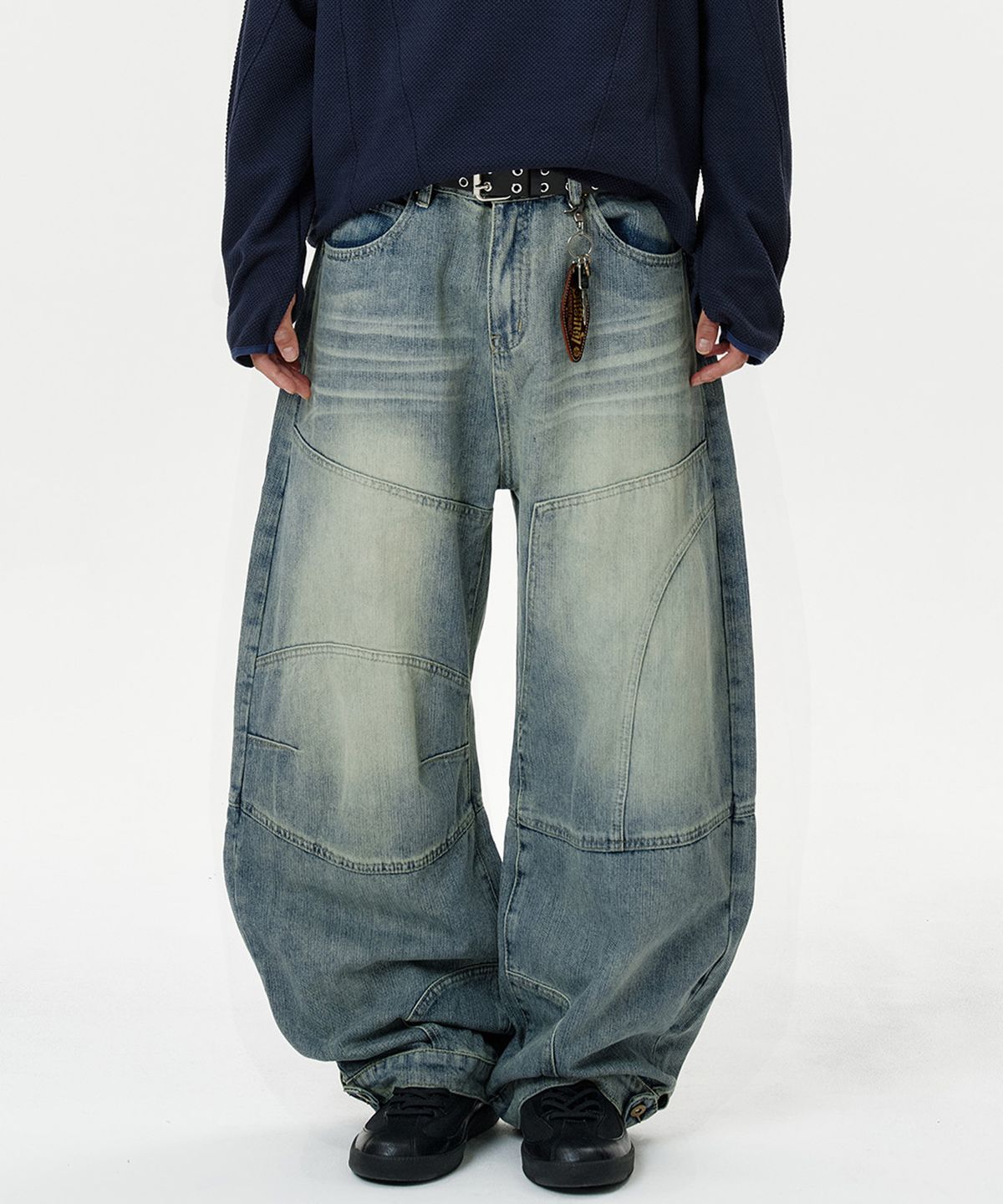 딥센스(DEEP SENSE) Snap Button Slit Curved Denim Pants - blue
