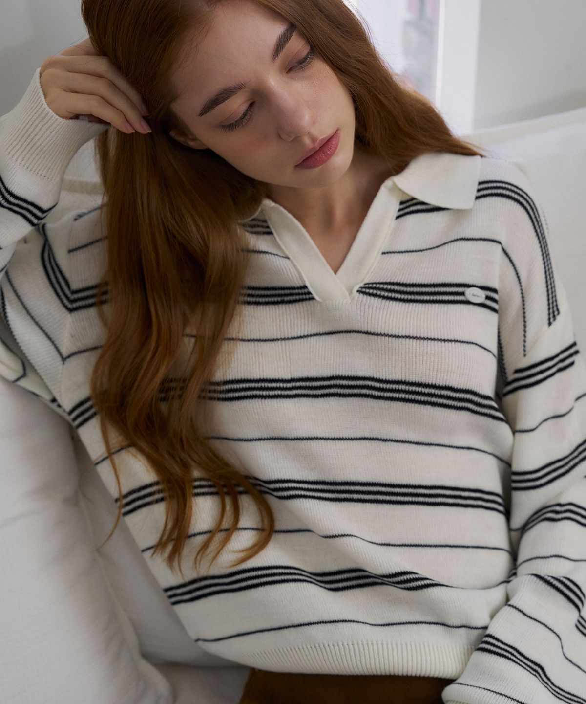 헤인트(HAINT) NEMUA OPEN COLLAR STRIPE KNIT 2COL_IVORY
