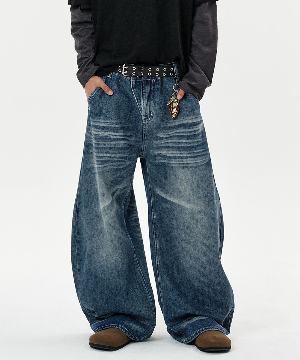 딥센스(DEEP SENSE) Wave Washed Curved Denim Pants - deep blue