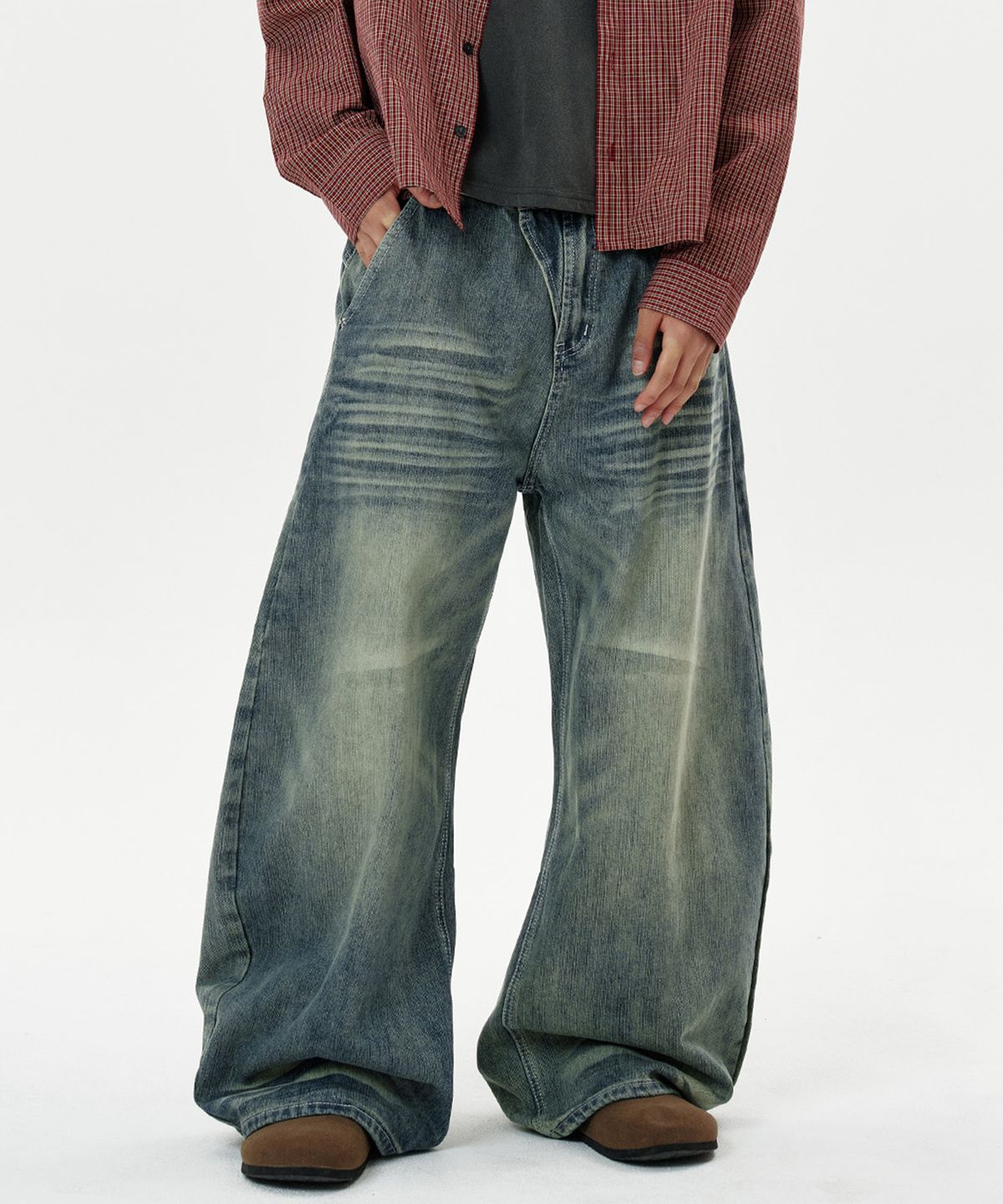 딥센스(DEEP SENSE) Wave Washed Curved Denim Pants - blue