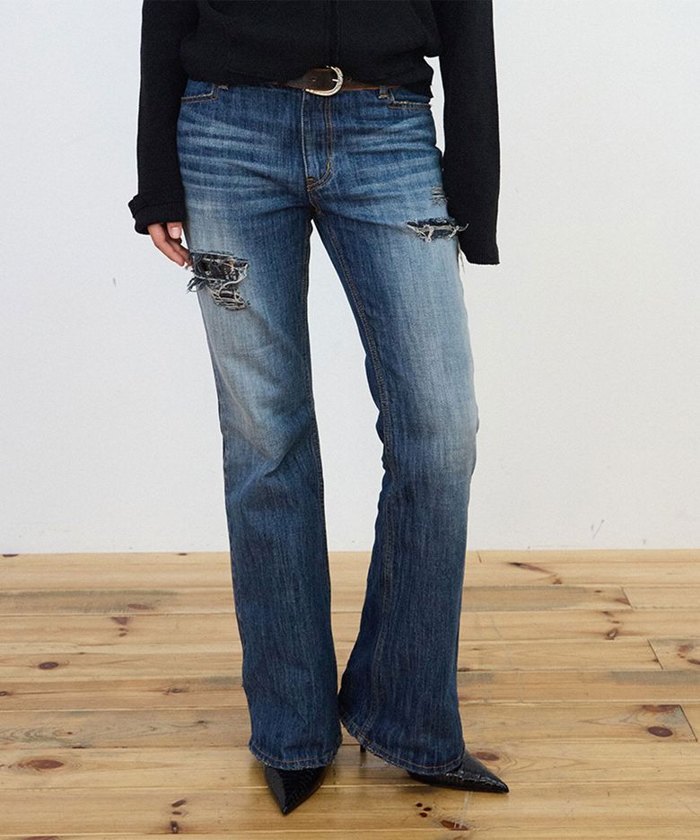 DISTRESSED BOOTCUT JEANS  [Dark Blue]