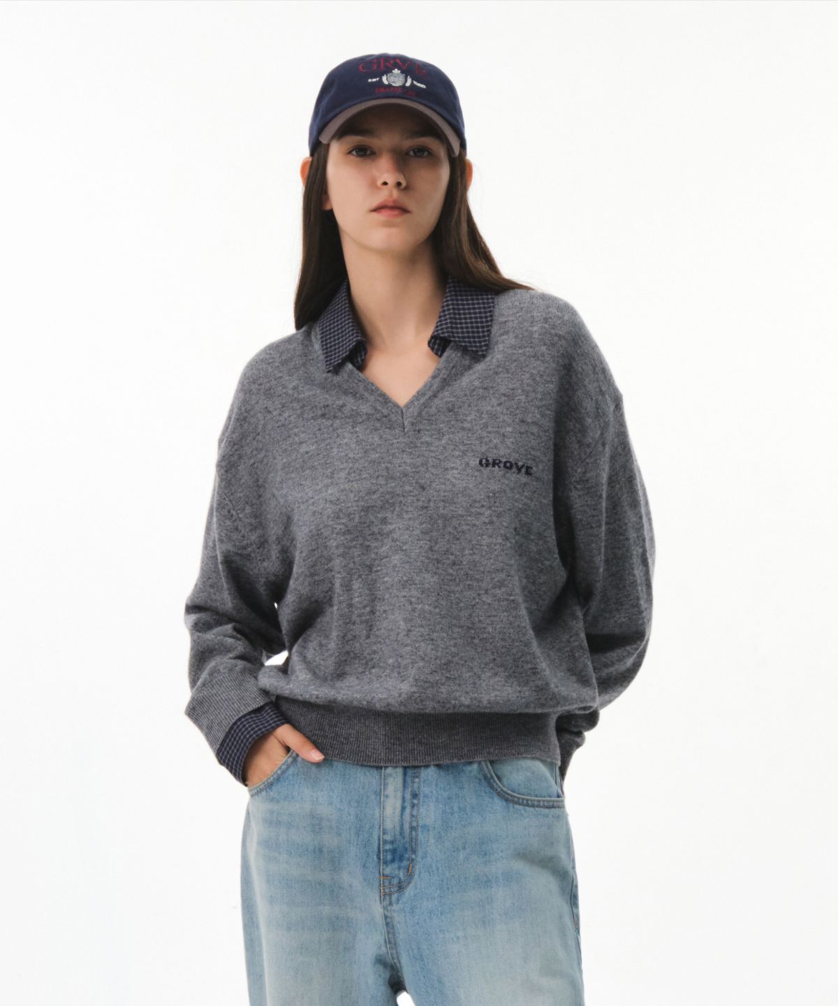 그로브(GROVE) 26FW EVIE CHECK COLLAR KNIT (MELANGE GRAY)