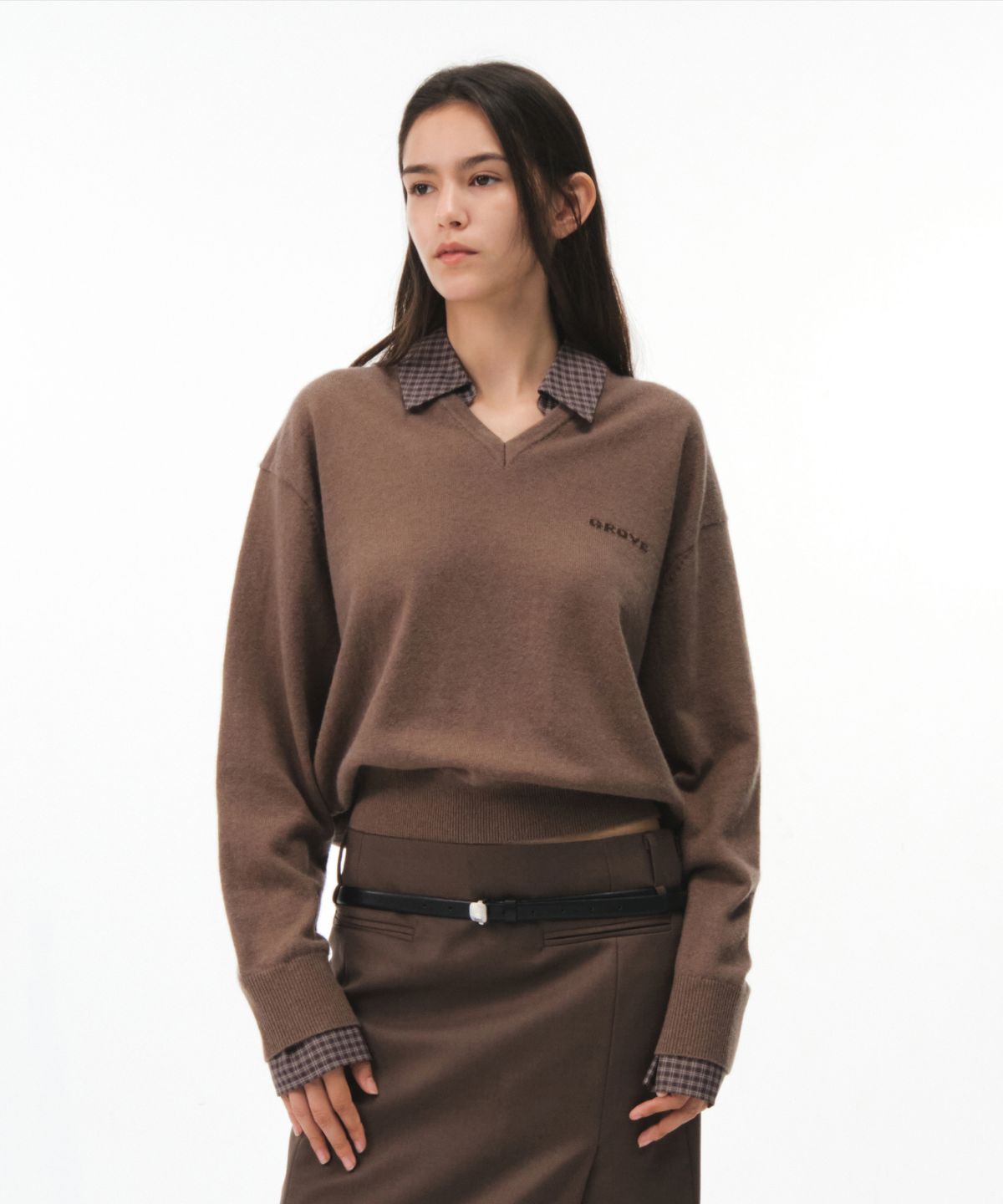 그로브(GROVE) 26FW EVIE CHECK COLLAR KNIT (BROWN)