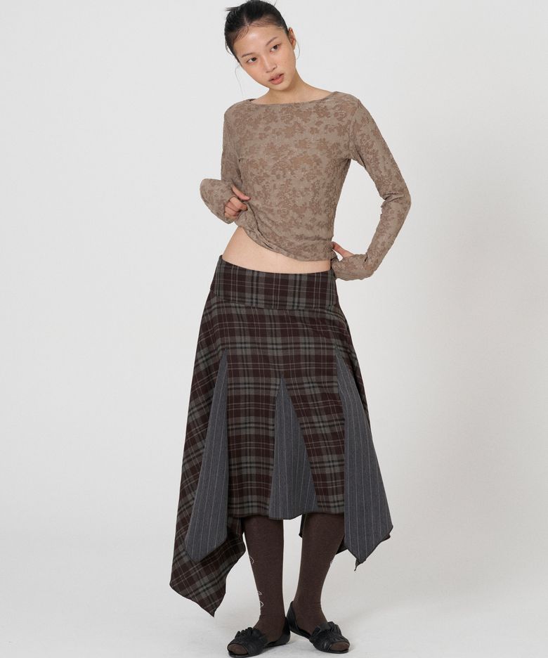 Mixed check unbalance skirt -Brown