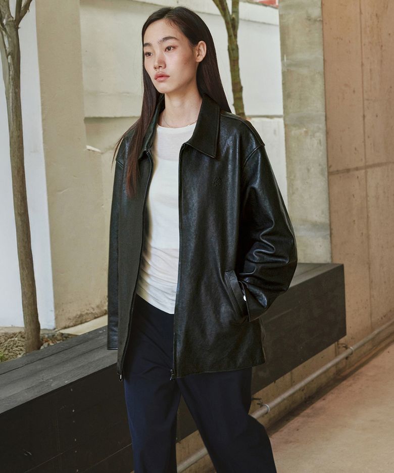 [Premium] 램스킨 오버핏 하프 레더 자켓 블랙 MDJK050BLACK
