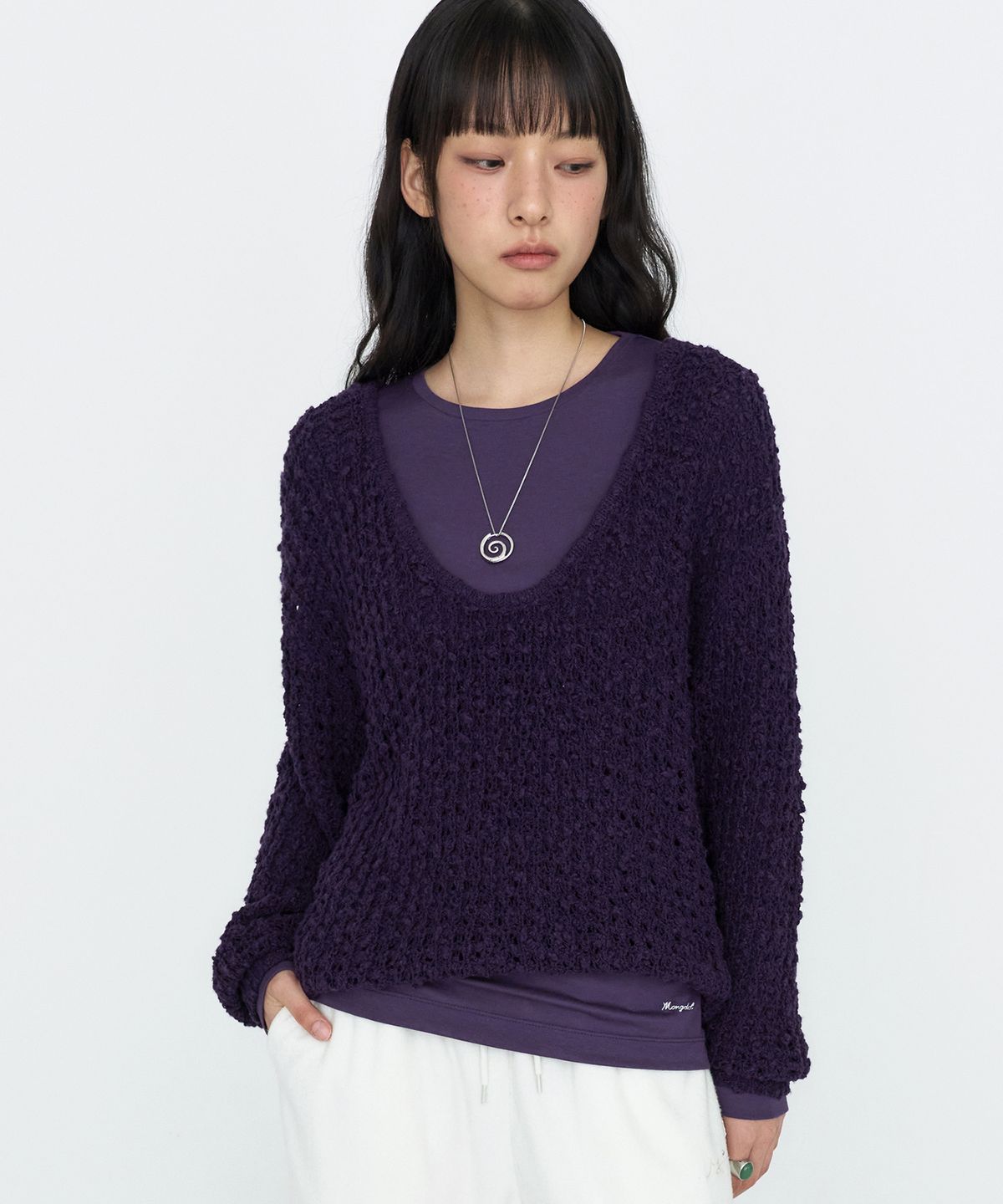 몽돌(MONGDOL) U넥 오버핏 니트 탑 퍼플 MDKT131PURPLE
