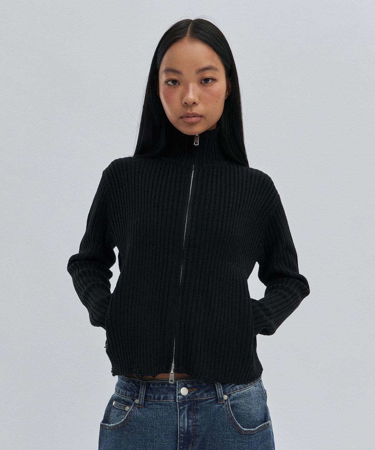 스웨이드(SUADE) DAMAGE KNIT ZIP UP [BLACK]