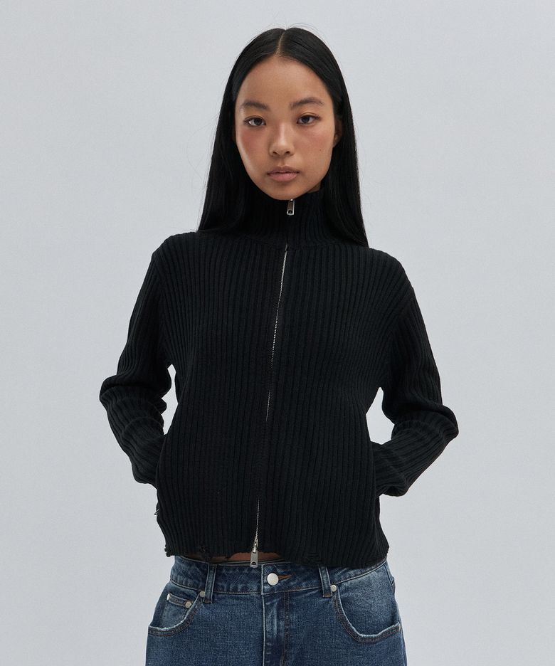 DAMAGE KNIT ZIP UP [BLACK]