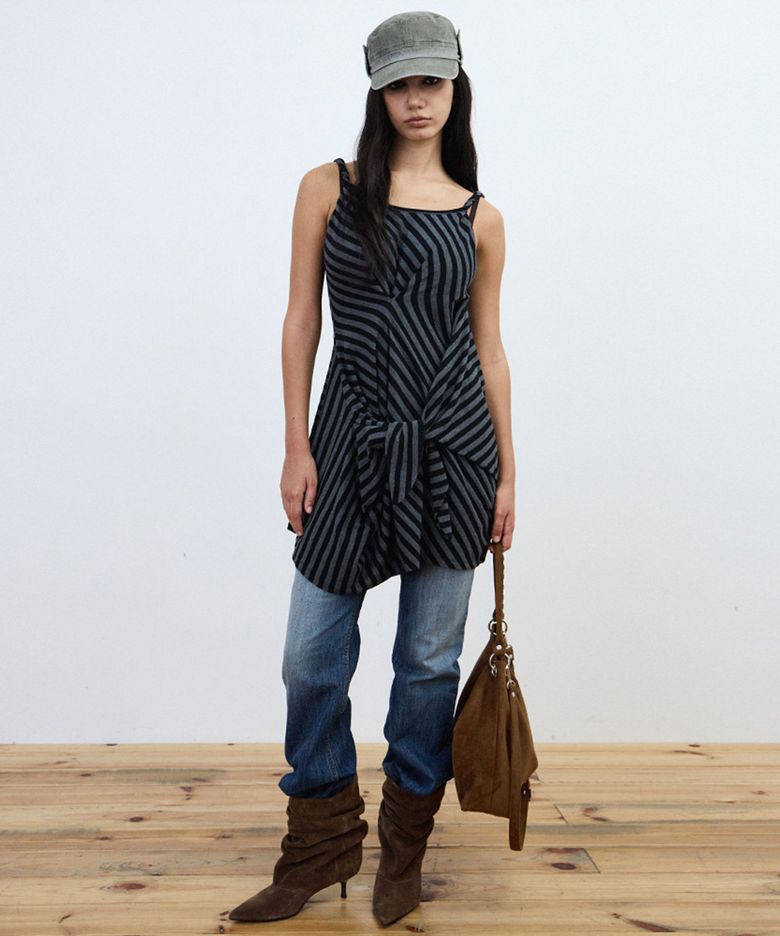 TIE LAYERED DRESS [Stripe Charcoal]