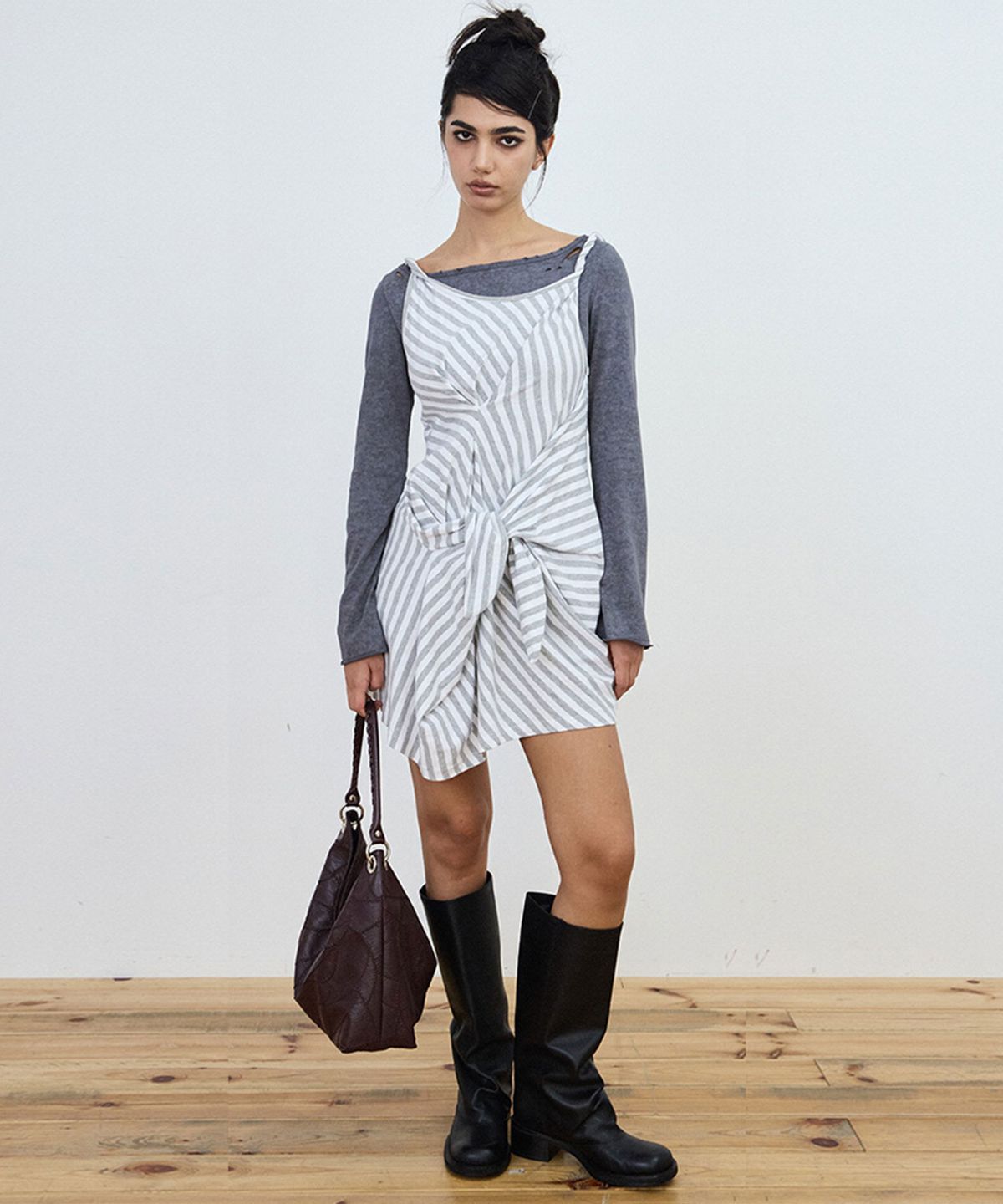 샌드뮤지엄(SAND MUSEUM) TIE LAYERED DRESS [Stripe Gray]