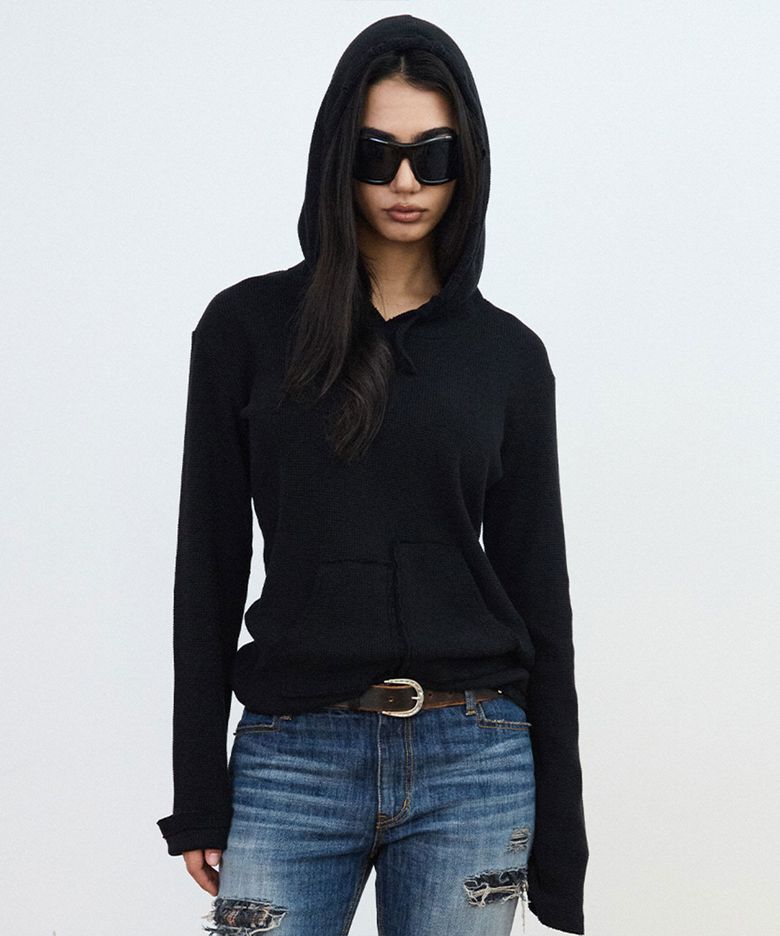 LACE WAFFLE HOODIE [Black]