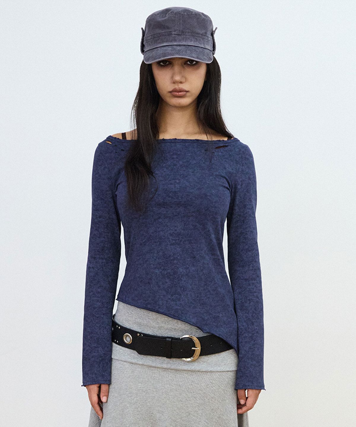 샌드뮤지엄(SAND MUSEUM) DAMAGED BOAT NECK TEE [Navy]