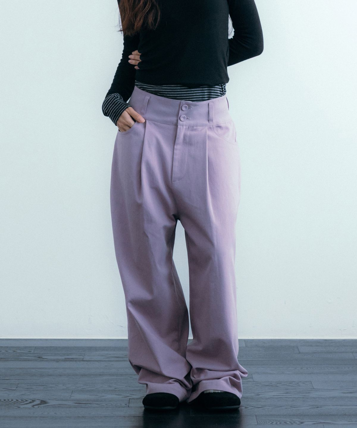 이요우아(IYOWUAH) Back Belt Wide Cotton Pants, Light Purple