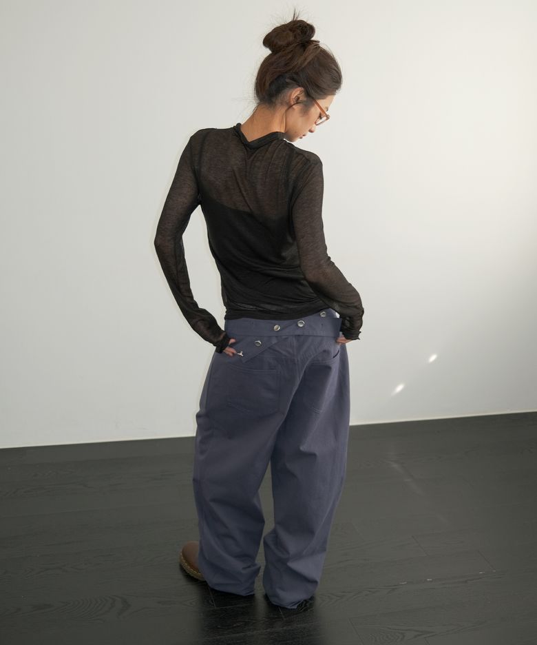 Back Belt Wide Cotton Pants, Navy