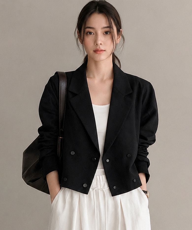 Shirring Sleeve Double-Breasted Short Jacket (2colors)