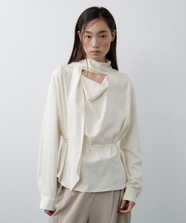 Scarf Cowl Neck Blouse (Cream)