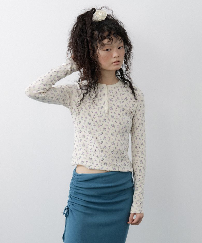 Tiny Floral Henley Top (Cream)