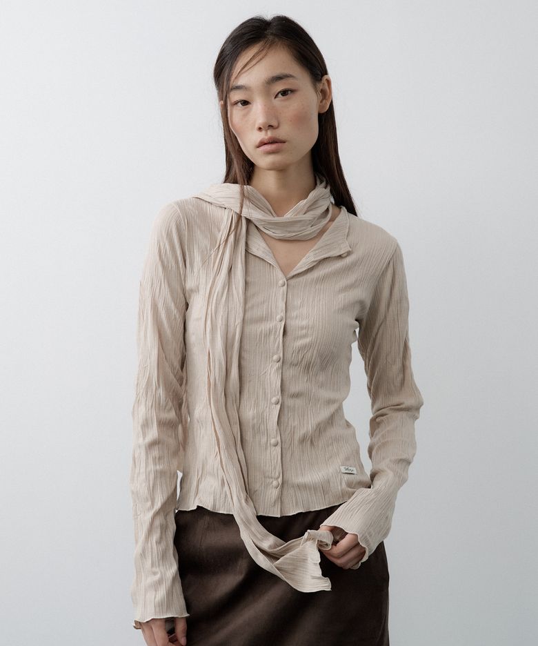 Pleated Cardigan Scarf Set (Beige)