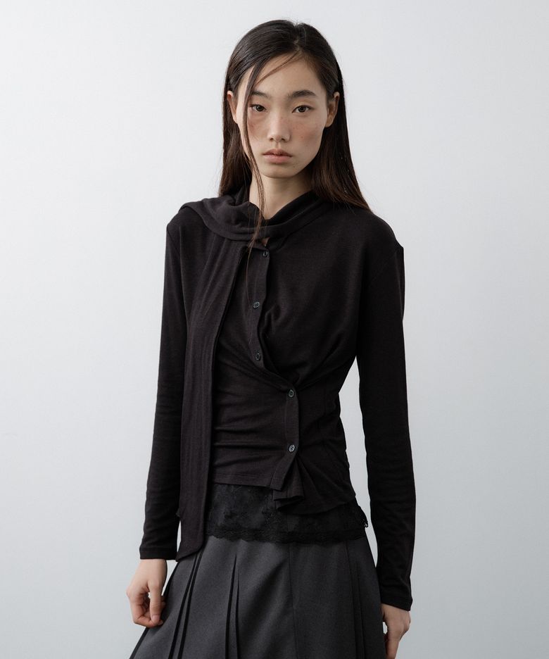 Scarf Wrap Button Cardigan (Black)