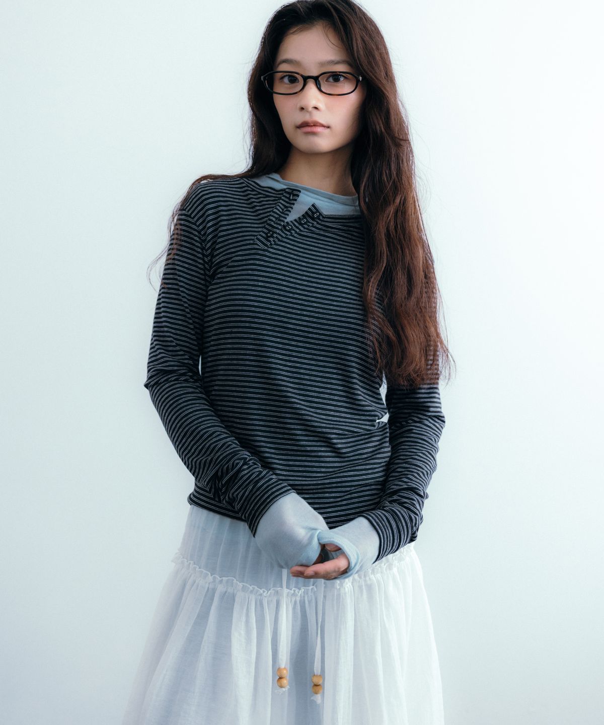 이요우아(IYOWUAH) Diagonal Button Striped Long Sleeve, Black
