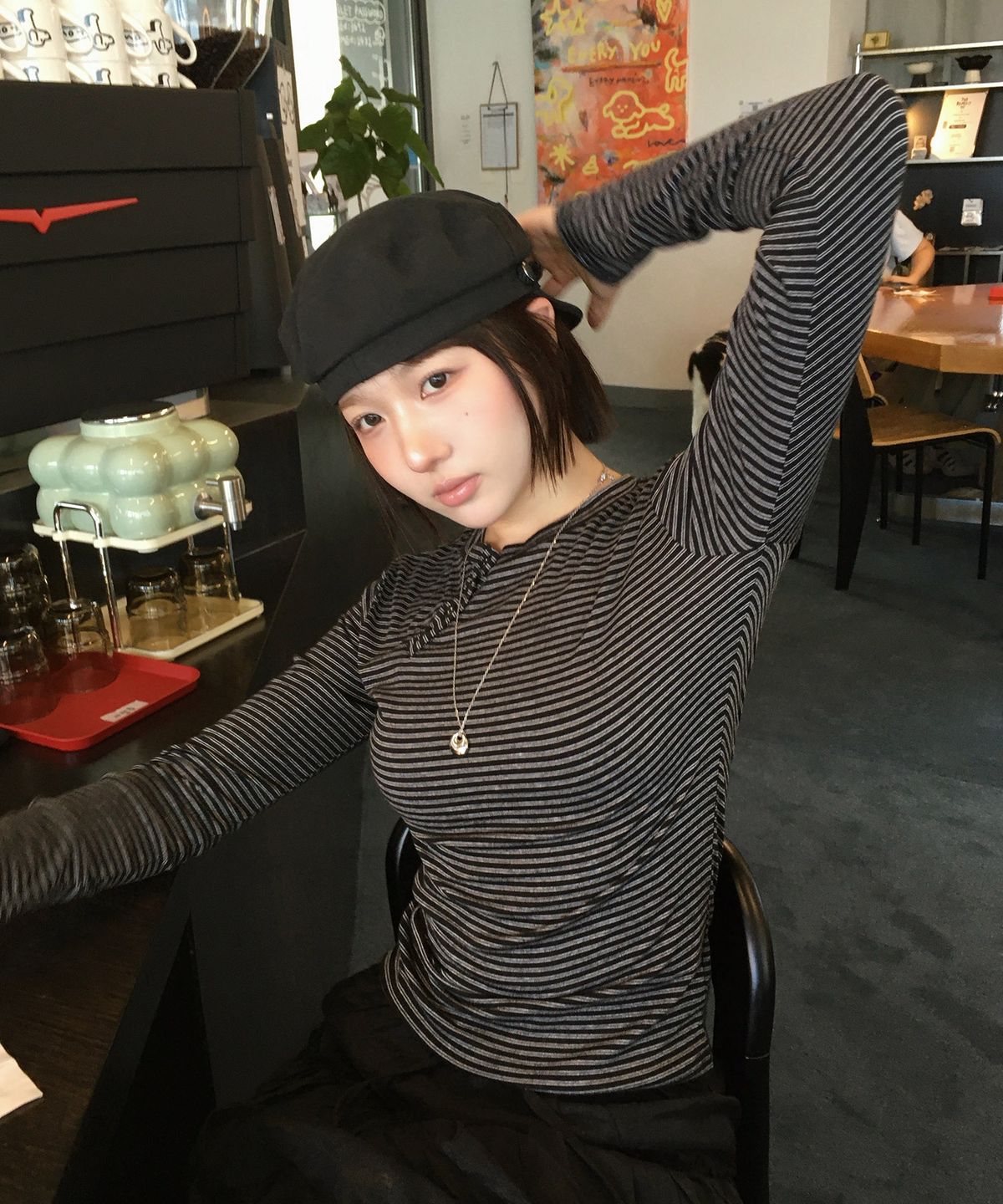 이요우아(IYOWUAH) Diagonal Button Striped Long Sleeve, Black