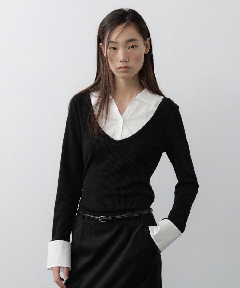 V-Neck Shirt Layered Top (Black)