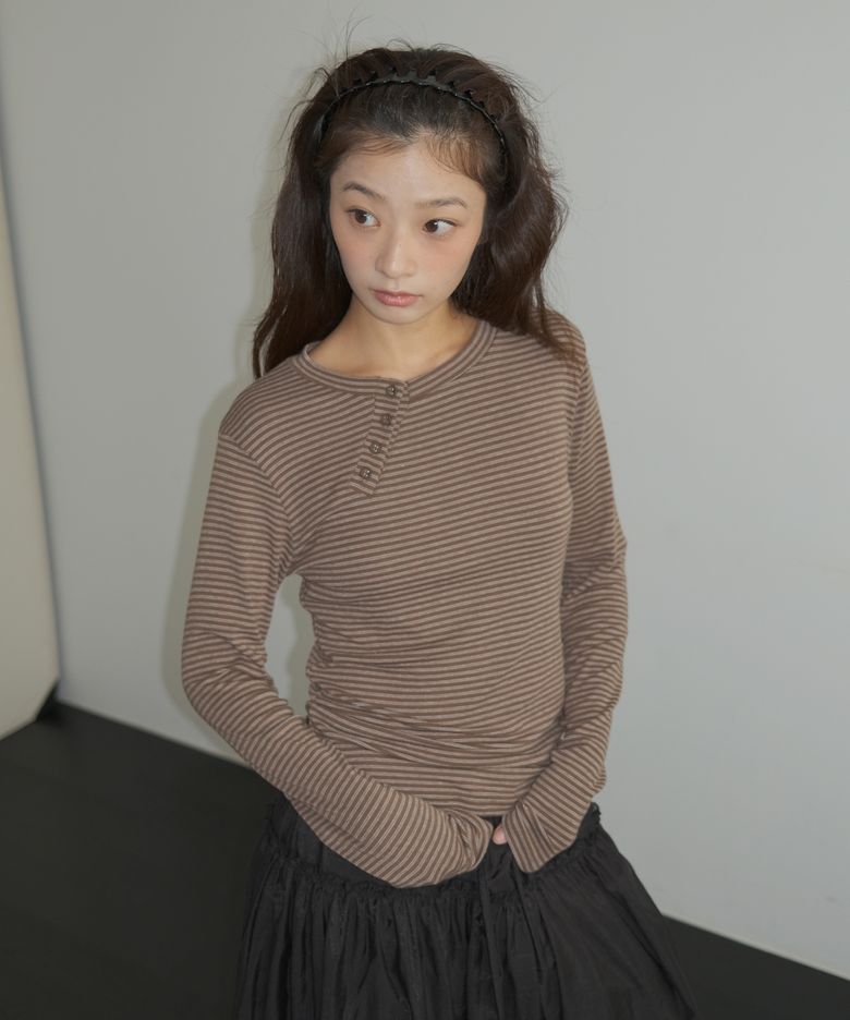 Diagonal Button Striped Long Sleeve, Brown
