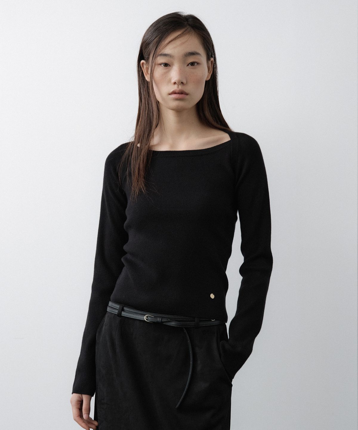 루시르주(LUCIR ZU) Wool Boatneck Bolero Knit Top (Black)