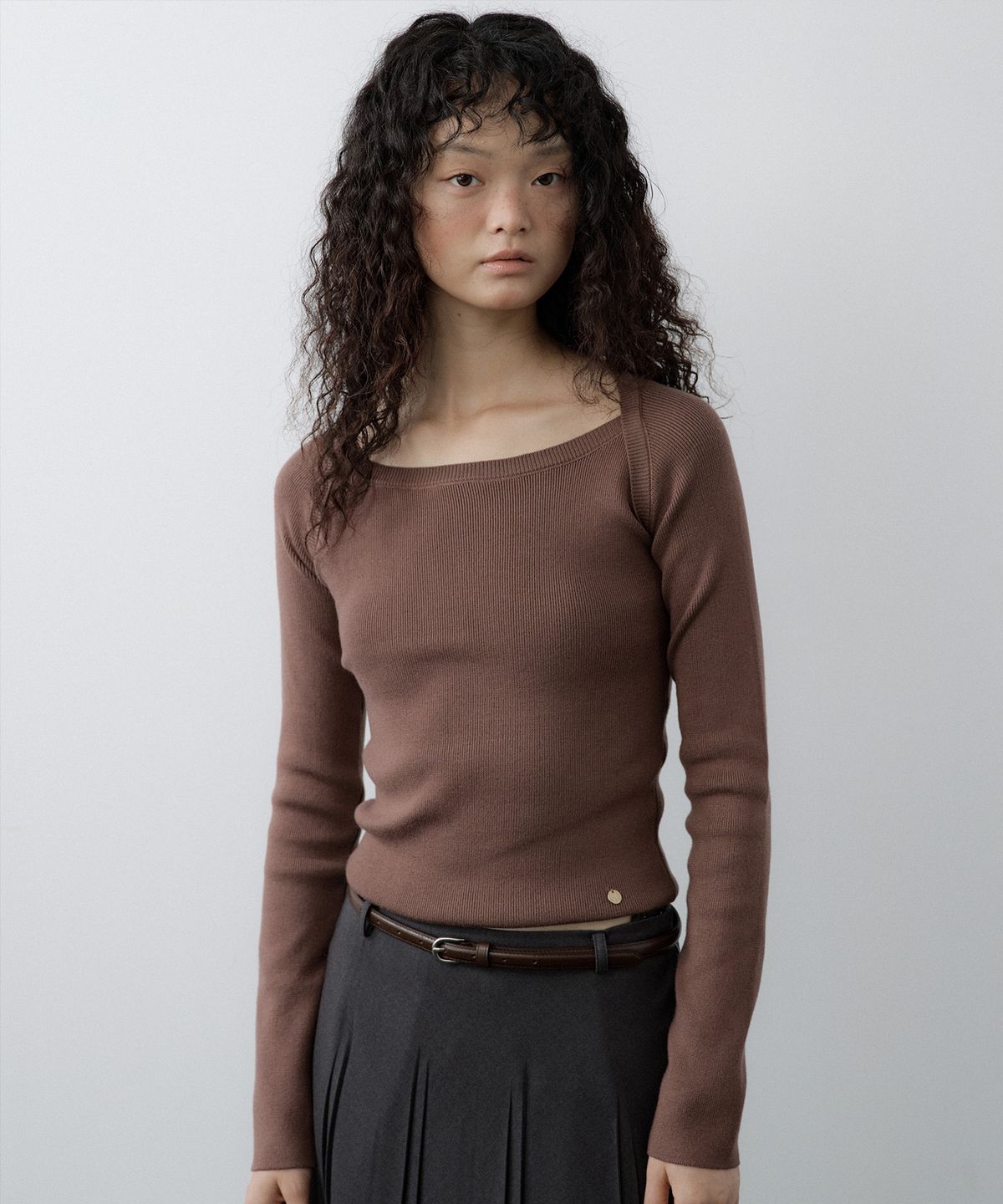 루시르주(LUCIR ZU) Wool Boatneck Bolero Knit Top (Brown)