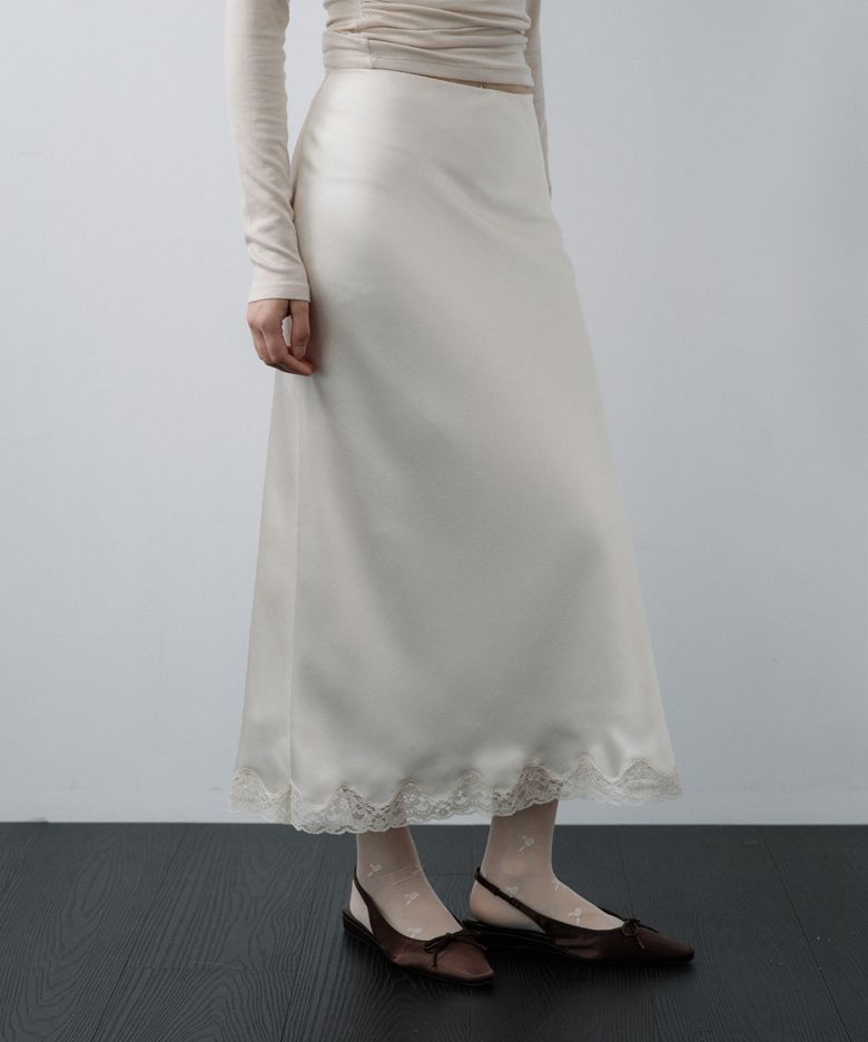 Satin Lace-Hem Skirt (Cream)