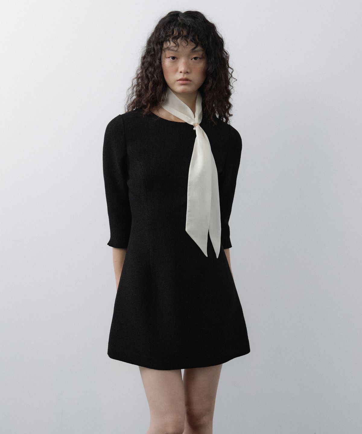 루시르주(LUCIR ZU) Custom Scarf Tweed 3/4 Sleeve Mini Dress Set (Black)