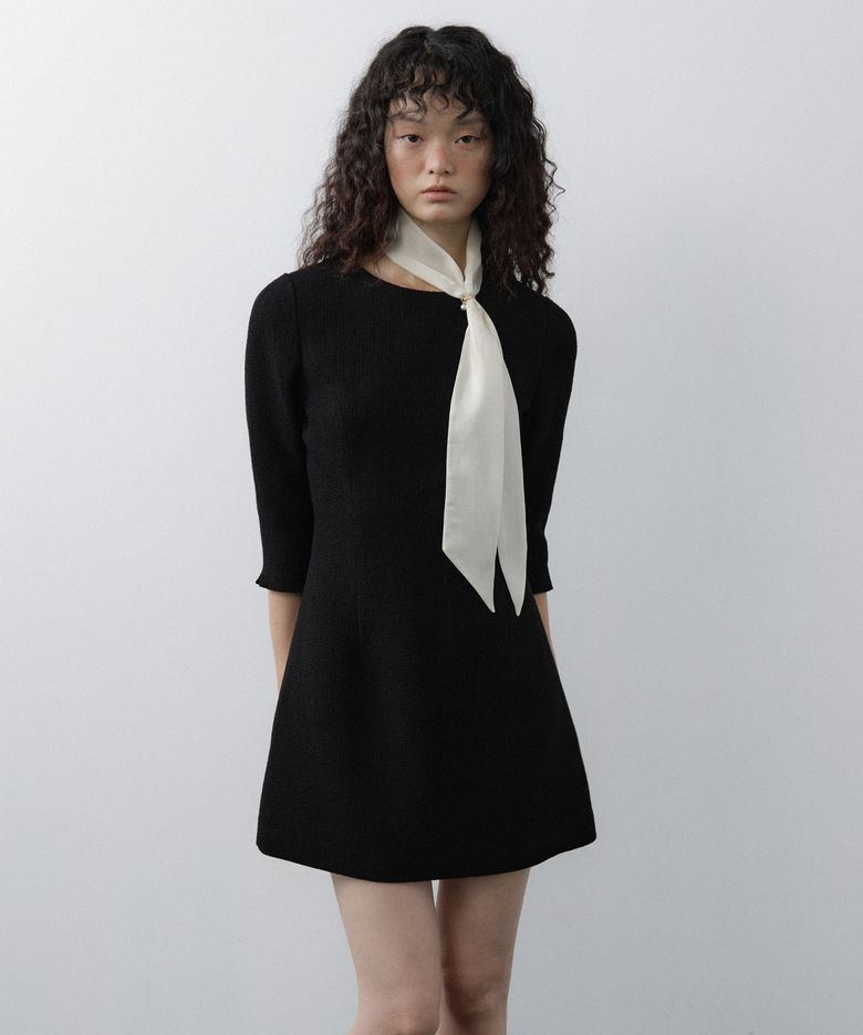 Custom Scarf Tweed 3/4 Sleeve Mini Dress Set (Black)