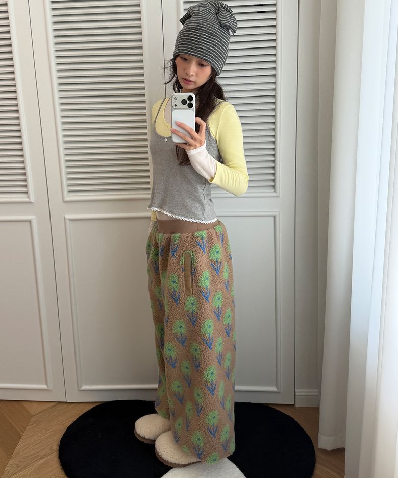 Floral Fleece Jogger Pants, Beige