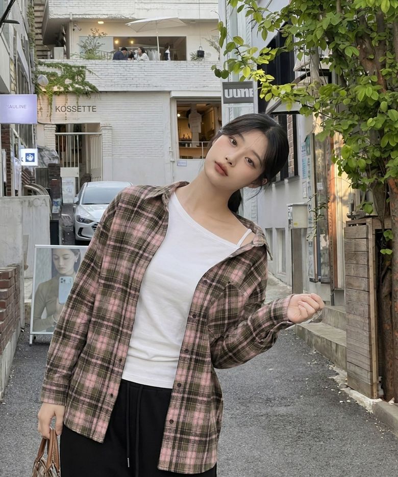 오버핏 플란넬 체크 셔츠 PEACH