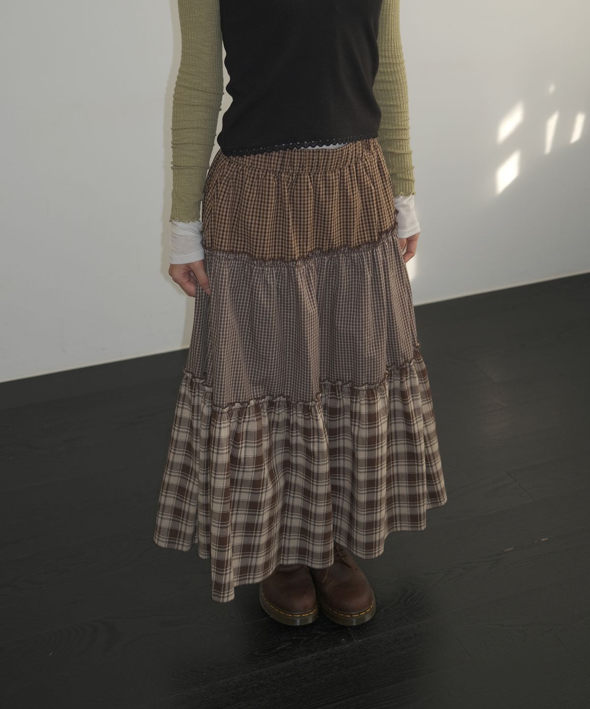 이요우아(IYOWUAH) Mix Check Flare Skirt, Brown