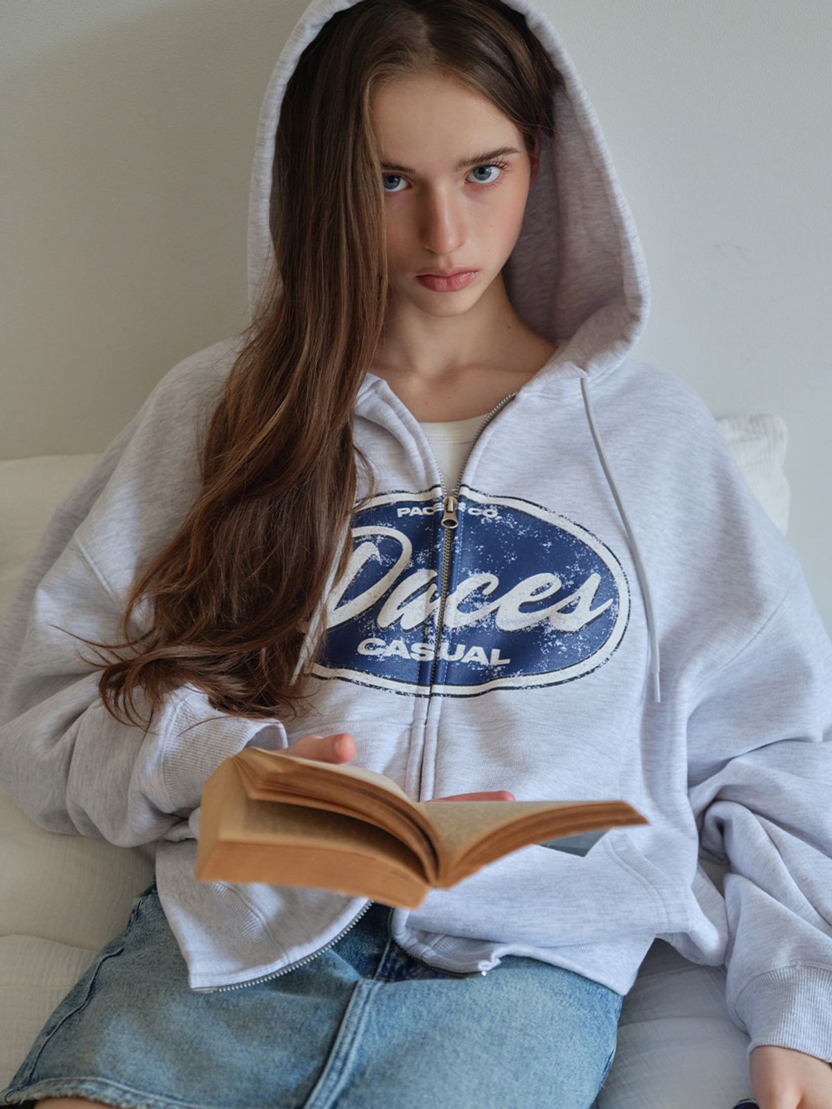 웨이브유니온(WAVE UNION) Oval logo Zip up Hoodie Heather gray
