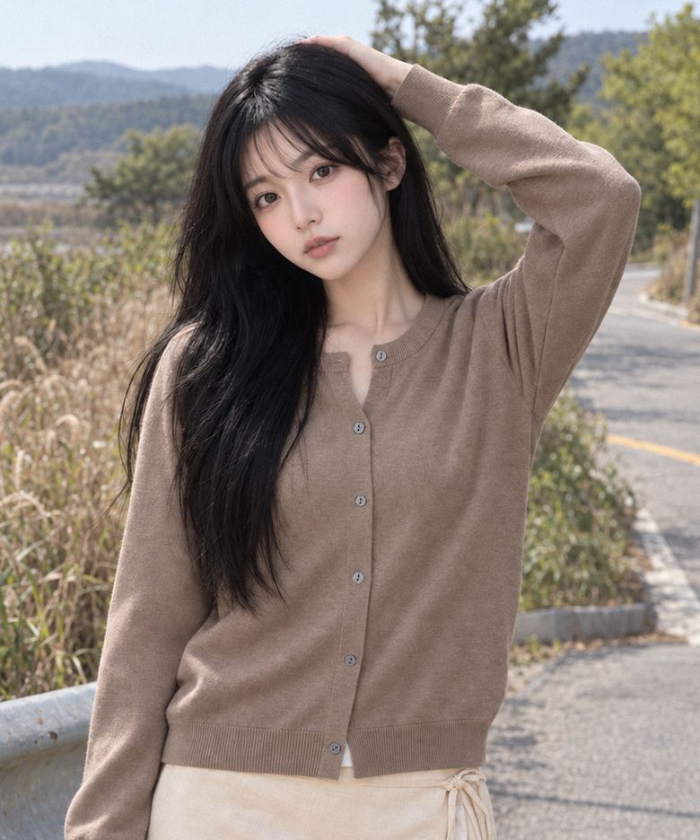 [우먼] 에어 플렉스 라운드 넥 가디건 (브라운)