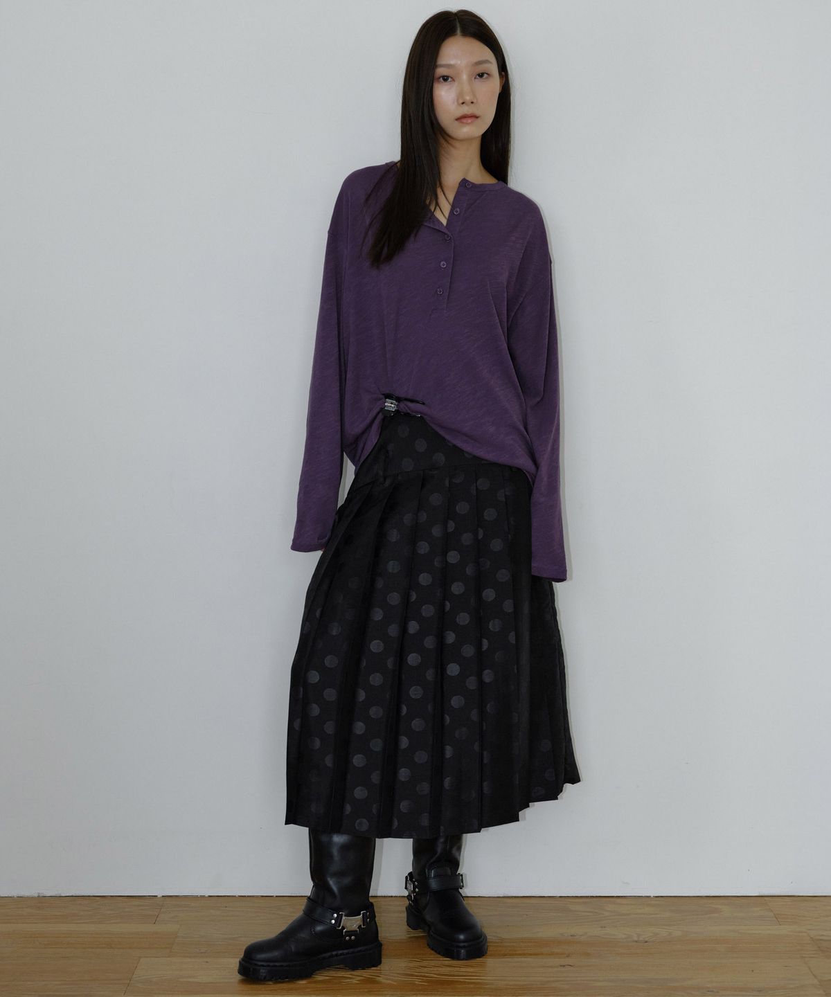 마이스(MAIS) POLKA DOT PLEATED LONG SKIRT / BLACK