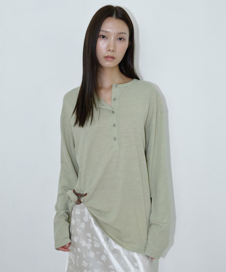 SLUB OVERSIZED HENLEY T-SHIRT / OLIVE