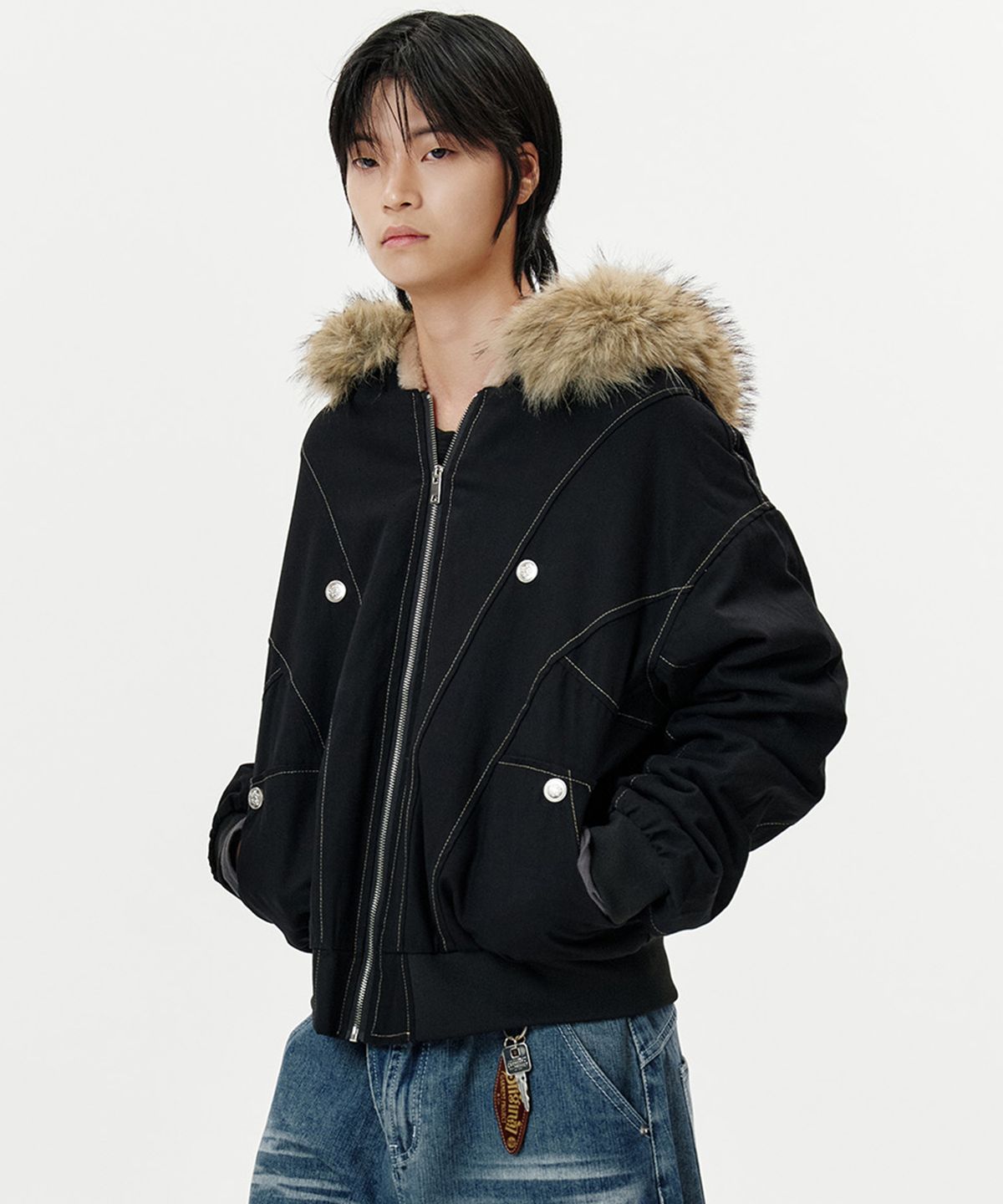 딥센스(DEEP SENSE) Heavy Fur Hood Military Short Parka - black