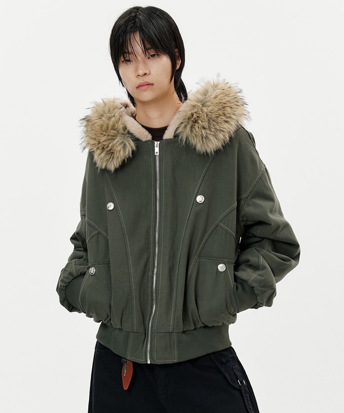 딥센스(DEEP SENSE) Heavy Fur Hood Military Short Parka - khaki