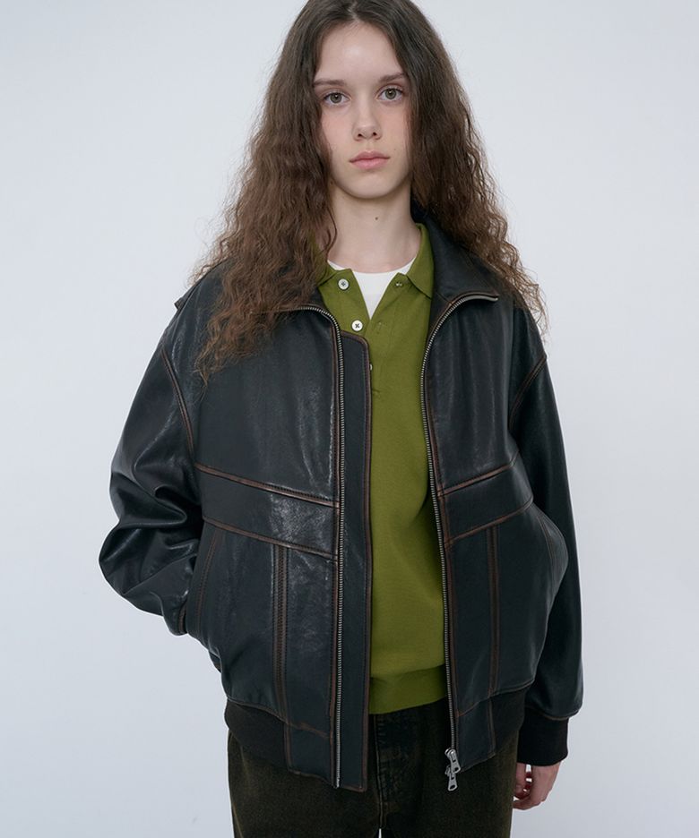 UNISEX STAND COLLARED LEATHER BLOUSON_UDJU6C103_BRUSHED BROWN