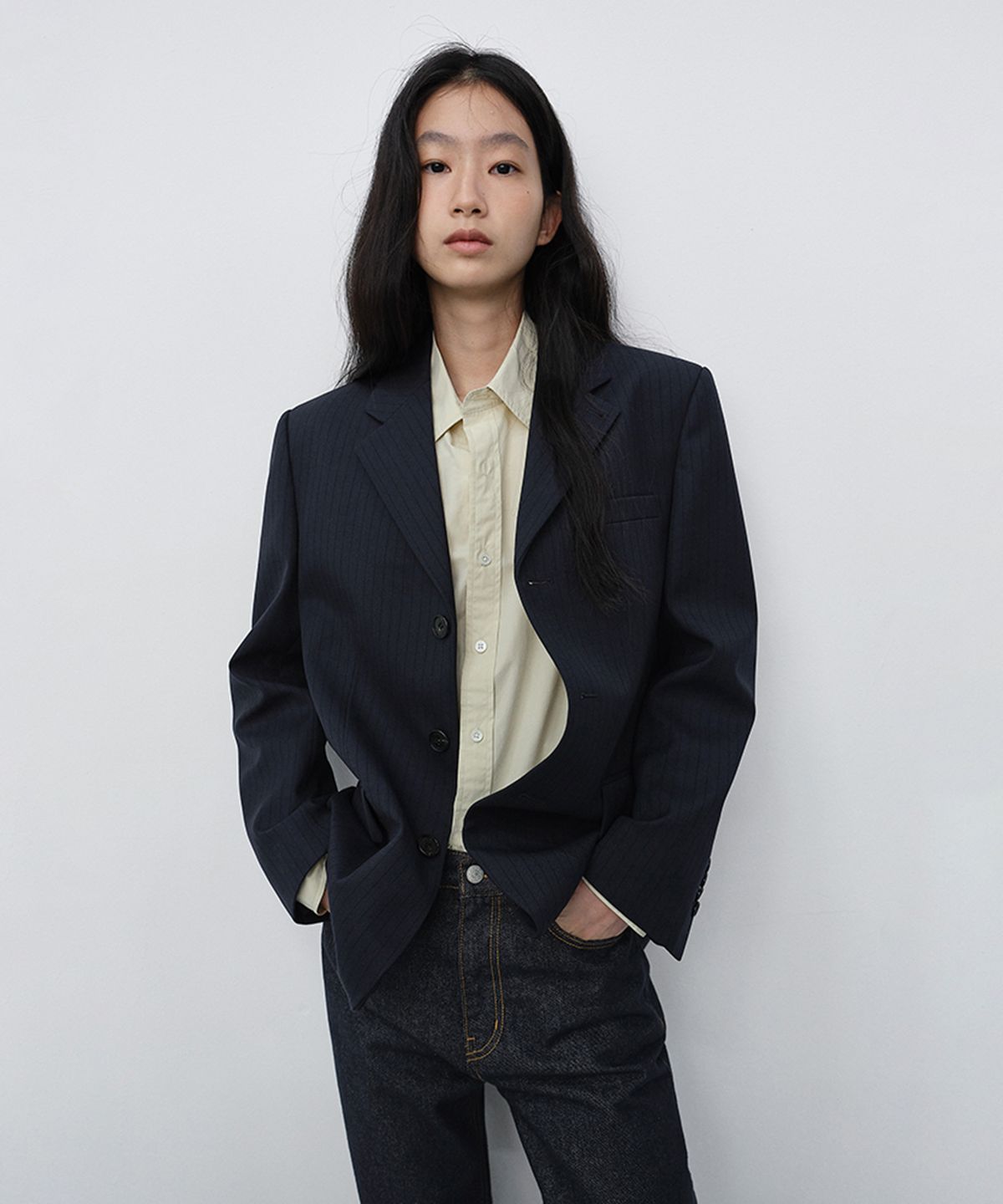던스트(DUNST) UNISEX CLASSIC 3 BUTTON WOOL BLAZER_UDJA6C106_NAVY STRIPE