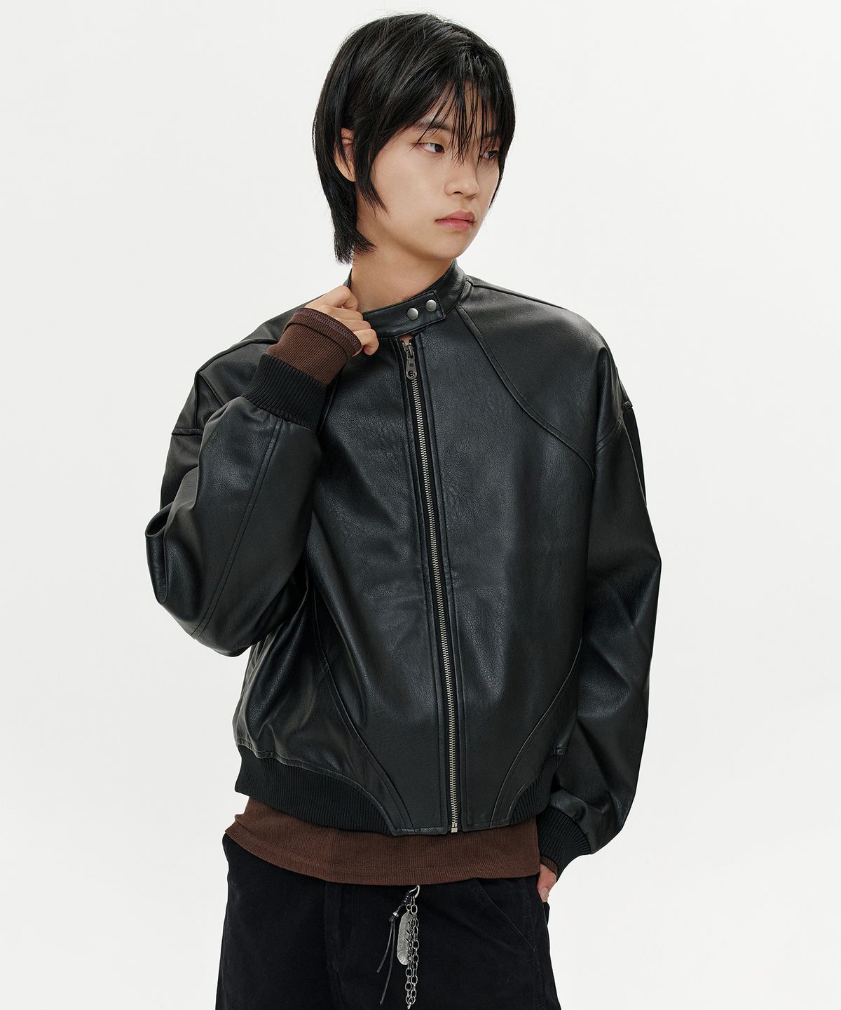 딥센스(DEEP SENSE) High Neck Snap Leather Jacket - black